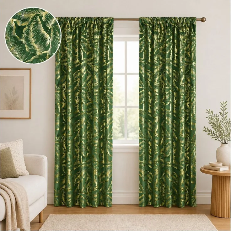 SERBASIC Gardine Goldenem Blättermuster Blickdichte Vorhänge, Thermovorhang Hitzeschutz (2 St), Multifunktionsband, Polyester, 2er Set Verdunklungsvorhänge mit Bindebändern und Innenfutter