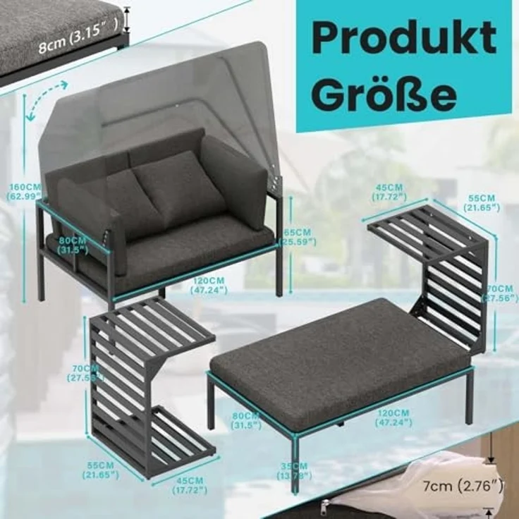 Melko Gartenlounge-Set Sonneninsel inkl. Sonnendach Strandkorb Sonnenliege Aluminium Grau, (wetterfest, resistent gegen Regen, Salzwasser und intensive Sonneneinstrahlung, inkl. 2 extra dicke und weiche Kissen inkl. Reißverschluss), 2 Beistelltischen u... – Bild 2