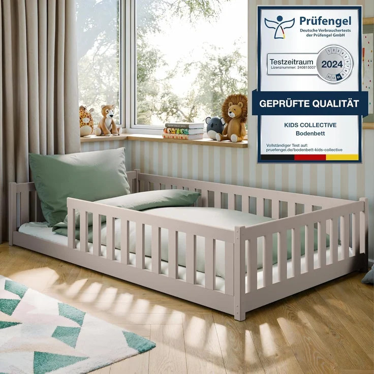 Kids Collective Kinderbett Bodenbett Bett mit Rausfallschutz & Lattenrost Montessori Bett Kinder (Jungen, Mädchen, Kinder, weitere Größen 80x160, 80x180, 90x190, 90x200, 140x200 cm), Jugendbett Einzelbett mit Matratze Kaschmir Kiefer 120x200 cm – Bild 1