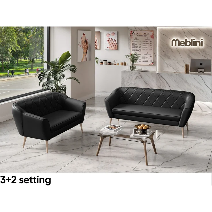 MEBLINI Sofa-Set GISELA 3+2 - Schwarz Kunstleder - für Wohnzimmer - Mini Lounge für fünf Personen - Küchensofa - Sofa Klein - Sitzgarnitur - Polstergarnitur - Sofagarnituren – Bild 2