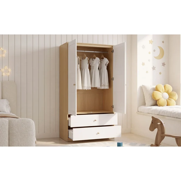 ZUBALIYA Doppeltüriger Kleiderschrank, 2-türiger Kleiderschrank, mit 2 Schubladen und Kleiderstange, Schlafzimmermöbel, Garderobenschrank, Kleiderschrank mit Kleiderstange, 100 x 48 x 180 cm,Weiß und Holzoptik – Bild 18
