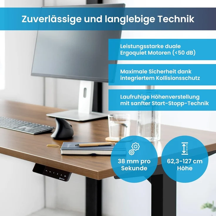 Desktopia Pro X - Elektrisch höhenverstellbarer Schreibtisch / Ergonomischer Tisch mit Memory-Funktion, Nussbaum, Gestell Weiß, 180x80 cm – Bild 6