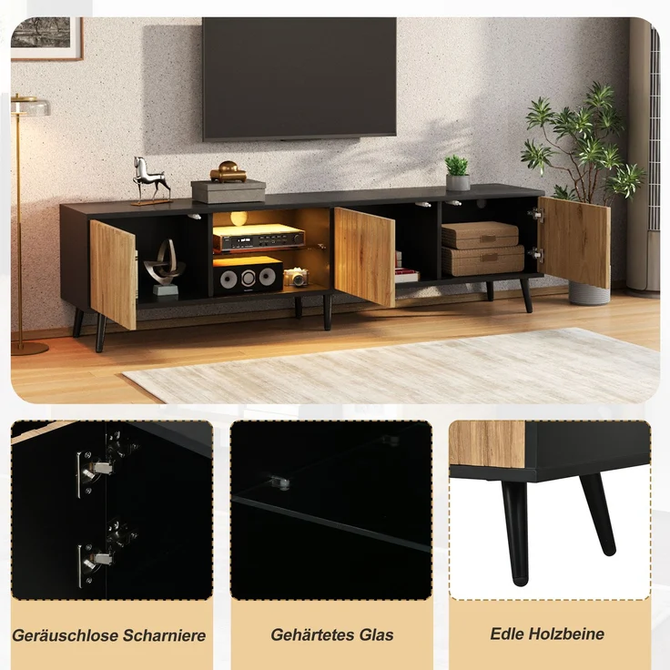 Merax 175cm LED-TV-Schrank für das Wohnzimmer, Naturholzfarbe + Schwarz, lowboard mit 6 Stützbeinen, Schrank aus gehärtetem Glas, 3 Schränke für viel Stauraum, Geeignet für 75-Zoll – Bild 7
