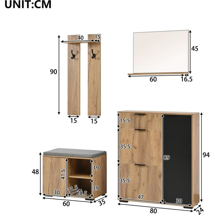 CHICFURN Schrank 140x139x35 cm mit Schuhbank, Spiegel und Haken – Natur/Schwarz – Bild 10