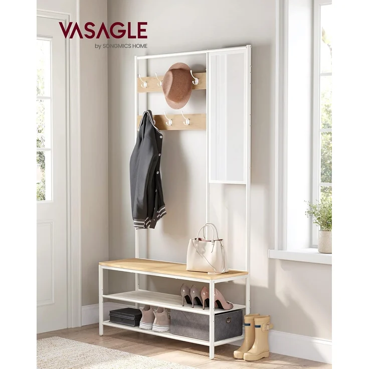 VASAGLE Kleiderständer, Garderobe, Garderobenständer mit Haken, Spiegel, Sitzbank, 35 x 98 x 180 cm, für Eingangsbereich, Schlafzimmer, Wohnzimmer, modern, eichenfarben-weiß HSR415W09 – Bild 2