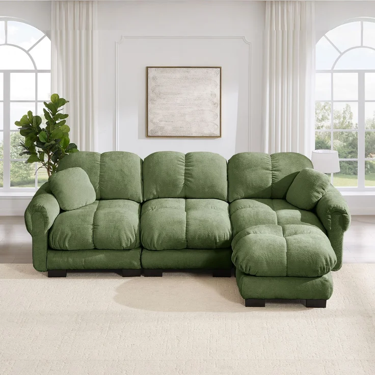 EINHOM 3-Sitze L-förmiges Cloud Sofa, inklusive mobiler Ottomane und 2 kleinen Dekokissen, Feines Steppdesign, Dicke Sitzkissen, Weich und Stützend, Einfach Aufzubauen, geeignet für das Wohnzimmer, grün – Bild 1