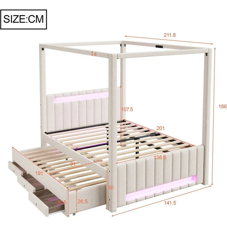 Odikalo Polsterbett 140x200 Himmelbett mit Ausziehbett LED & Schubladen (mit Ausziehbett und drei Schubladen, LED-Beleuchtung) – Bild 3
