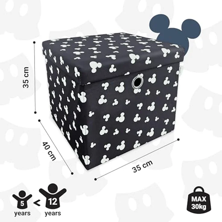 Disney Classic Micky Maus Ottomanen-Aufbewahrungsbox, faltbar, quadratische Spielzeugtruhe, Box mit Deckel für Kinder, Fußhocker, belastbar bis zu 30 kg, schwarz – Bild 4