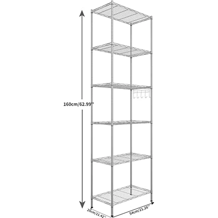 Himimi 6 Etagen Standregal Metallregal Küchenregal Badezimmerregal verchromtes Regal mit Seitenhaken und verstellbare Ablagen 54 x 29 x 160 cm, Silber – Bild 4