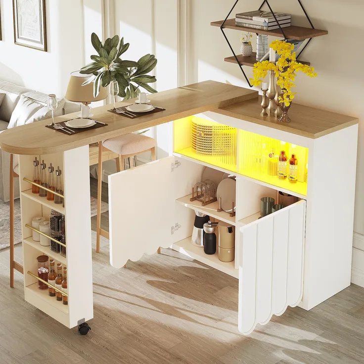 Merax Ausziehbarer Bartisch mit Stauraum(135-205×39×100cm) , Moderner Beweglicher Bar Table, Teleskopischer Bartisch mit LED, Stehtisch Bistrotisch, Weiß