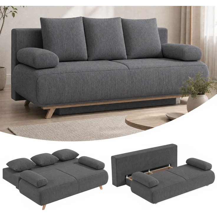 HOMCOM Schlafsofa, Cord (90 % Polyester, 10 % Nylon), Grau, 188 x 100 x 84 cm – Bild 2