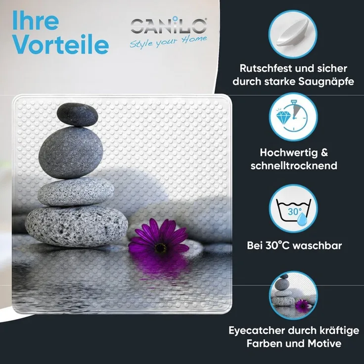 Sanilo Duschmatte, mit Motiv, rutschfest, waschbar, quadratisch, 230 extra starke Saugnäpfe, Kunststoff PVC, 53 x 53 cm, Energy Stones