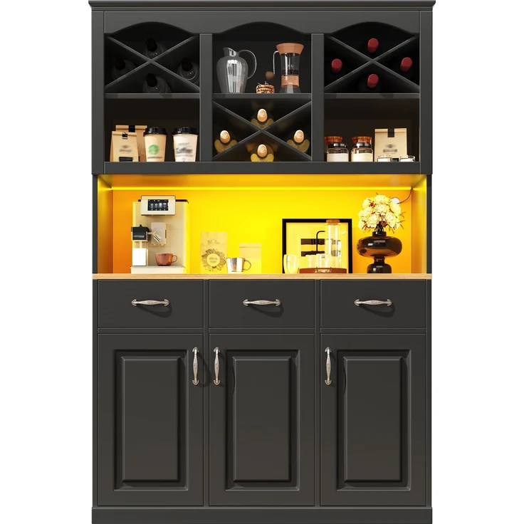 EINHOM Küchenschrank (120 x 40 x 180 cm), Hohes Küchenbuffet, Mehrzweckbuffet, Snackschrank, Aufbewahrungsmöbel mit drei Türen, Drei Schubladen und LED-Beleuchtung, Schwarz – Bild 5