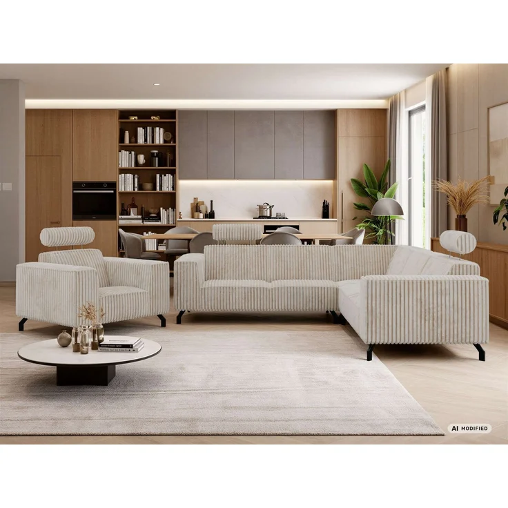 Möbelset 2-teilig, Ecksofa mit Sessel VESANO, Wohnlandschaft, Ecksofa L-Form mit Sessel, HR-Schaum & Wellenfederung, Set mit verstellbaren Kopfstützen - Beige Cord – Bild 5