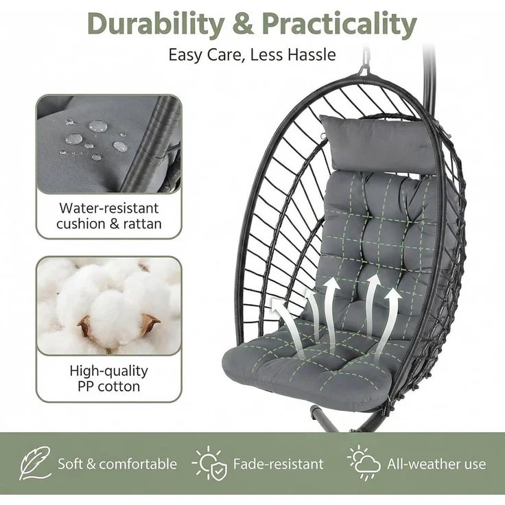 TLGREEN Hängesessel mit Gestell, Klappbarer Eiersessel, 360° Drehbar (Indoor & Outdoor Schaukelstuhl, Ergonomischer Relaxsessel mit Kissen), für Garten Balkon Wohnzimmer, Belastbar bis 160kg – Bild 4