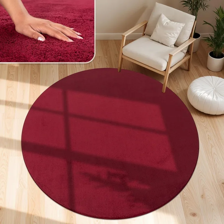 Paco Home Waschbarer Teppich Wohnzimmer Schlafzimmer Kurzflor rutschfest Flauschig Weich Moderne Einfarbige Muster, Grösse:120 cm Rund, Farbe:Rot