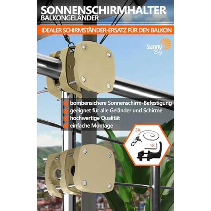 4smile 2 x Sonnenschirmhalter Balkongeländer SunnyBoy 3.0 + Windsicherung für Schirme - Schirmhalterung Balkongeländer als Sonnenschirmständer Balkon - Sonnenschirm Halterung Balkon, Sandbraun – Bild 3