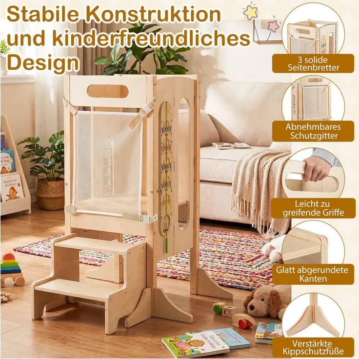 COSTWAY Tritthocker, 4 in 1 Lernturm klappbar mit 2-Stufen Hocker, Tafel