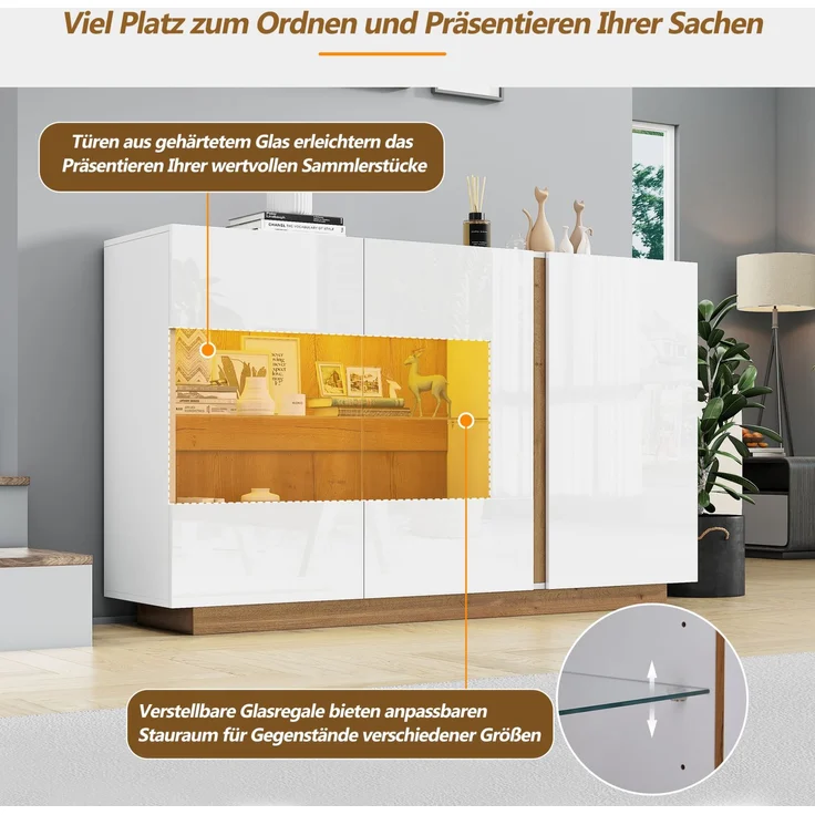 DESVIAE Sideboard mit LED-Beleuchtung und 3 Türen, 138x90,5x38,5 cm, Spanplatte und Glas, Weiß – Bild 5