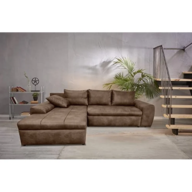 Ecksofa Vintage Schlafsofa Eckcouch L-Sofa mit Ottomane und Bettkasten in Braun – Bild 2