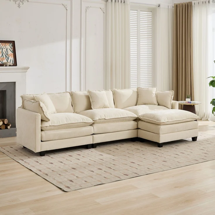 ZUBALIYA Sofa mit LED - Beleuchtung, mit Chenille - Bezug, mit Cordbezug, modular aufgebaut, aus Chenille, Beige – Bild 11