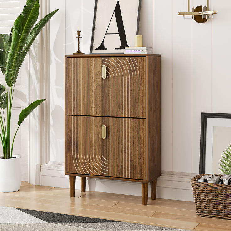Schuhschrank, 60 cm breit, aus MDF und Spanplatte in Walnussfarbe, mit Rillendesign – Bild 3
