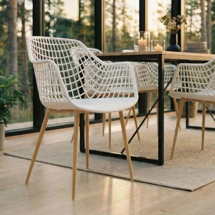 IDIMEX Gartenstuhl LUCIA (4 St), Schalenstuhl aus Kunststoff mit Armlehne, Metallbeine, Weiß/Eicheoptik – Bild 2