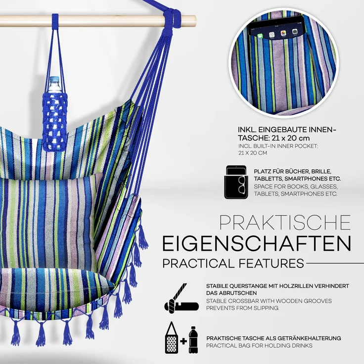 tillvex Hängesessel Bunt 2 Kissen zum Aufhängen | Hängestuhl mit Getränkehalter & Bücherfach | Hängesitz wetterfest - Indoor & Outdoor | Hängekorb mit Tragetasche für Erwachsene & Kinder – Bild 4