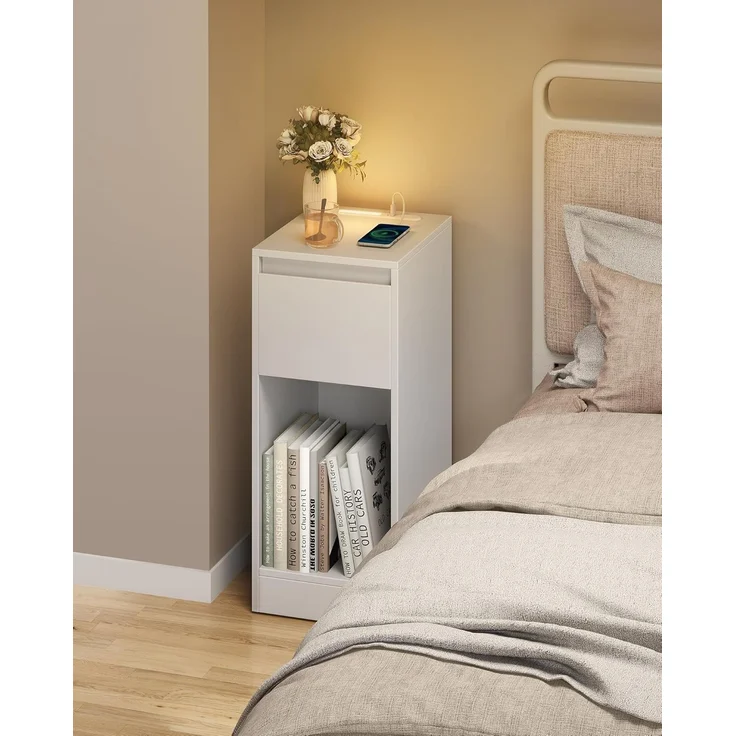 VASAGLE Nachttisch 2er Set, schmal, Beistelltisch, LED-Beleuchtung, 1 USB-A-Anschluss, 1 USB-C-Anschluss, Schublade, offenes Fach, für Schlafzimmer, Wohnzimmer, wolkenweiß LETDE710W01 – Bild 2