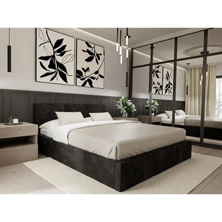 Muralo Polsterbett mit Bettkasten und Kopfteil, Metallgestell, Schwarz, 160x200 cm, Petproof Magic Velvet Stoff – Bild 7