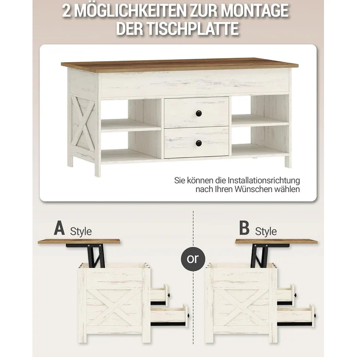 Couchtisch, höhenverstellbar, 2 Schubladen und Versteckter Stauraum, Weiß-Braun, 50 x 100 x 47,3-61,3 cm – Bild 4