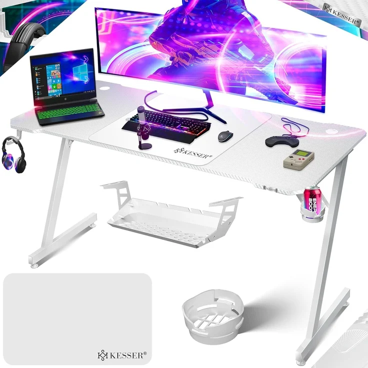 KESSER® Gaming Tisch LED | Z-Form Gamer Schreibtisch | Kopfhörerhaken & Kohlebeschichtung | Ergonomischer PC Computertisch | Stabiler Tisch mit Mauspad & Getränkehalter Weiß Carbon, 160 x 60 cm – Bild 1