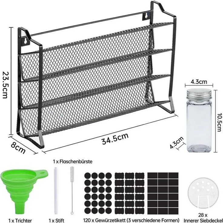 SEHAUSEU Gewürzregal Gewürzregal 4Etage mit 28 Gläsern schwarz Metall, 120 Gewürzetiketten, 28-tlg, 1 Flaschenbürste, 1 Trichter, 1 Stift