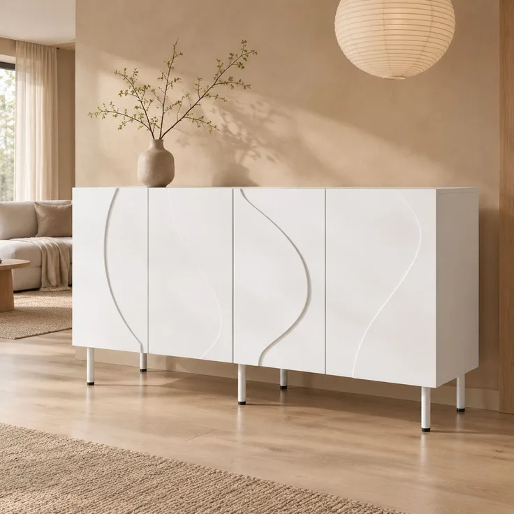 DESVIAE Sideboard mit 4 Türen und Push-to-Open 140x77,5x40 cm aus MDF und Spanplatte Weiß