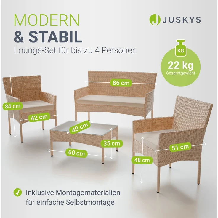 Juskys Polyrattan Gartenmöbel-Set Fort Myers creme – Sitzgruppe mit Tisch, Sofa & 2 Stühlen - Balkonmöbel für 4 Personen mit sandfarbigen Auflagen – Bild 6