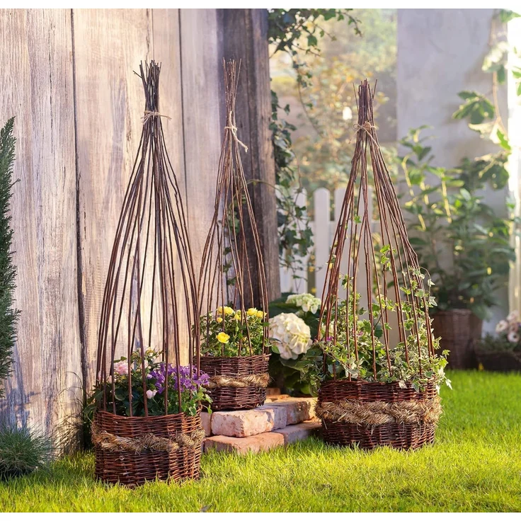 3x Pflanzkorb aus Weide & Stroh, Blumentopf mit Rankhilfe, Pflanzgefäß mit Rankgitter, Gartendeko, Pflanzschale – Bild 2