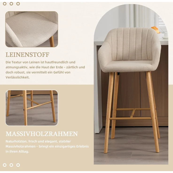 LVHOM Barhocker 2er Set, Barstühle mit Rückenlehnen und Armlehnen, Tresenhocker mit Holzbeinen, Tresenstuhl Stoff, Beige – Bild 4
