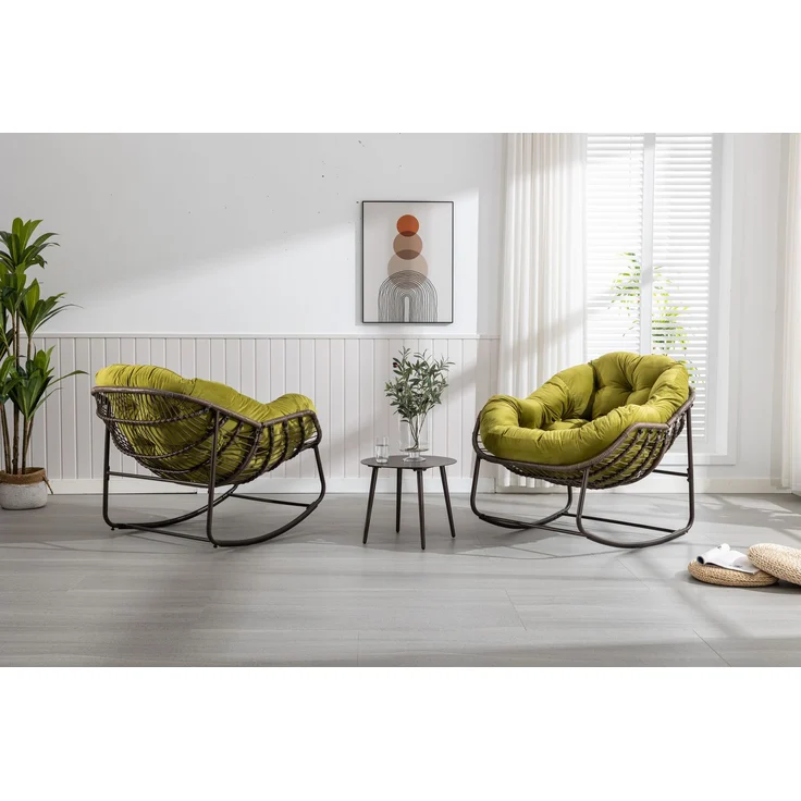 JARDJ Rattan-Schaukelstuhl für den Außenbereich, gepolsterter Schaukel- und Liegesessel für Veranda, Wohnzimmer, Terrasse, Garten, Olivgrün – Bild 9