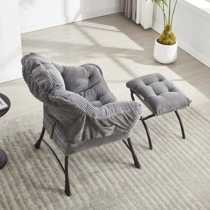 Flieks Loungesessel mit Hocker, ergonomischer Ohrensessel mit Stahlrahmen, weicher Cordstoff, Seitentasche, Grau – Bild 2