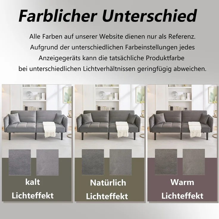 Schlafsofa Samt 2-in-1 verstellbar, mit klappbaren Armlehnen,Sofabett mit Massivholzfüßen & 2 Kissen,Grau – Bild 7