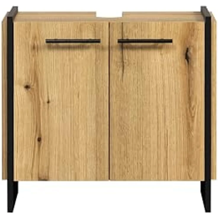 trendteam smart living - Safiya - Waschbeckenunterschrank - Eiche/Schwarz - Waschtisch mit 2 Türen und 1 Einlegeboden - (BxHxT) 60 x 56 x 34 cm - Schwarze Metallgriffe – Bild 4