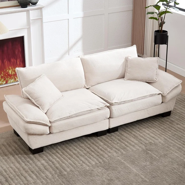 Ball & Cast Couch mit Schlaffunktion, Samt Sofa 2 Sitzer mit Kissen für das Wohnzimmer Wohnung Schlafzimmer, 224 x 81 x 81 (BxHxT), Beige – Bild 1