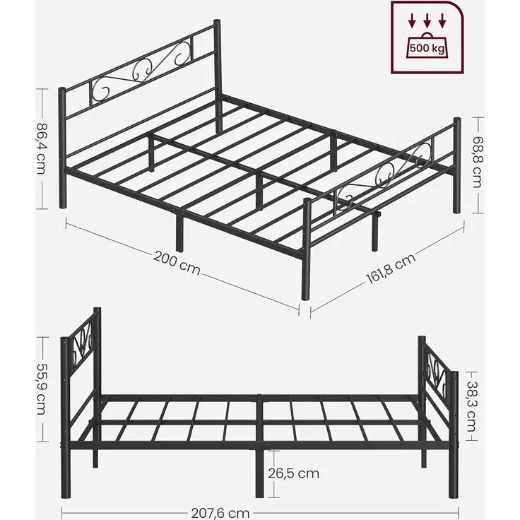 VASAGLE Doppelbettgestell, Bettrahmen, Bettgestell aus Metall, passend für 200 x 160 cm Matratze, Gästebett, einfache Montage, für kleine Räume, schwarz von SONGMICS RMB065B01
