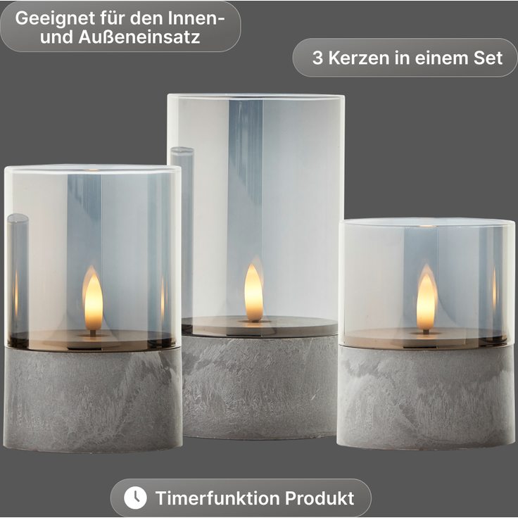 Brilliant Bougie LED-Kerzen 3er-Set - Grau/Rauchglast, warmweiß flackernd, 10 cm,12,5 cm,15 cm, batteriebetrieben, Dekoration für drinnen & draußen – Bild 3