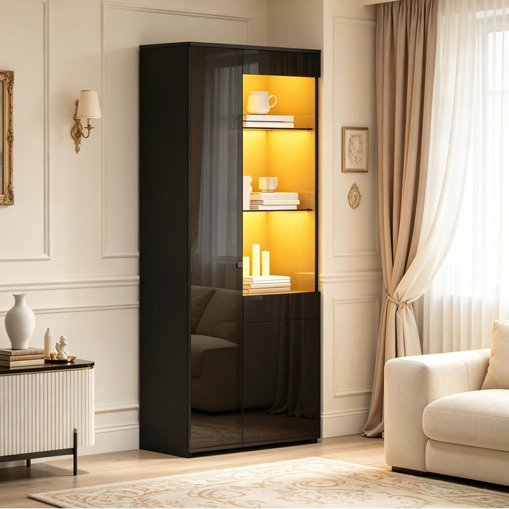 DESVIAE Vitrine Schwarz aus Spanplatte – 70x180x35 cm – LED-Beleuchtung, Schublade – Bild 3