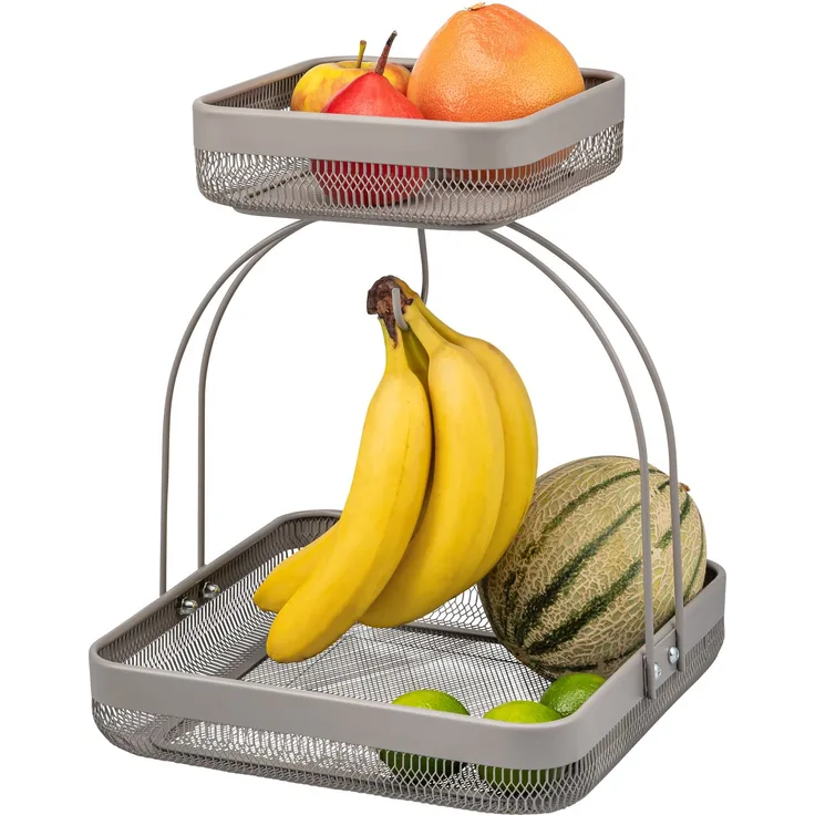 eluno 2-stöckige Obstetagere mit Bananenhalter, Brotkorb, Obstkorb aus Metall, taupe, ca. 30,5 x 6,5 x 30,5 cm (B/H/T)