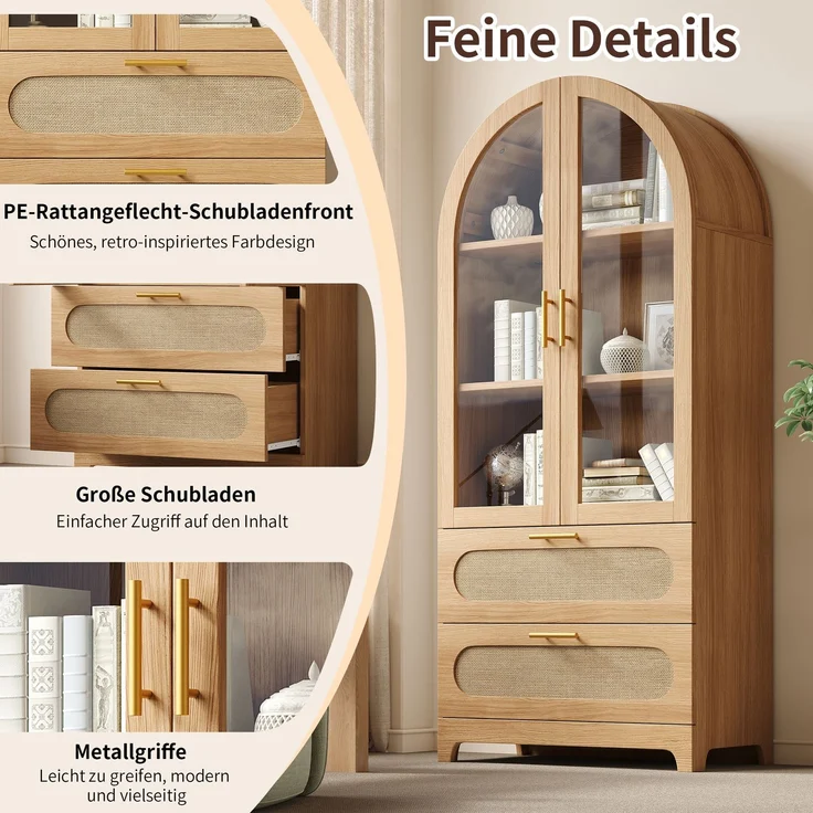 Vitrine 80 x 40 x 175 cm in Holzoptik mit Glastüren, Rattanfronten und 2 Schubladen – Bild 8