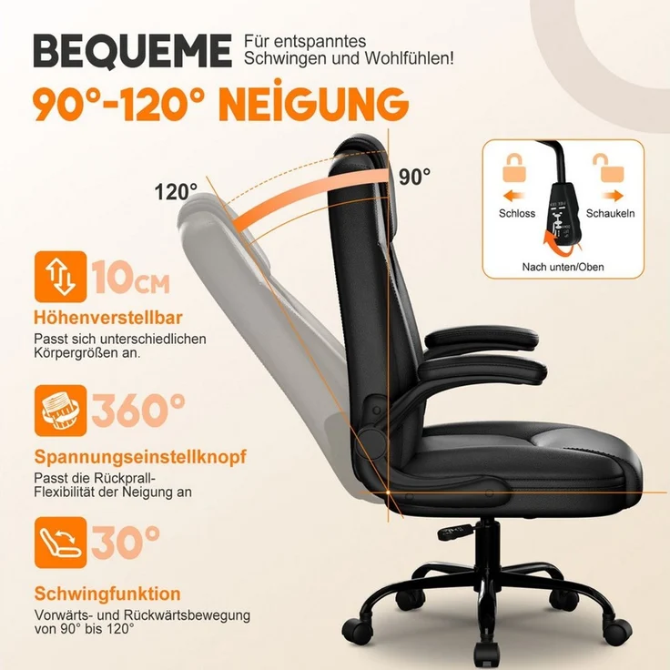 Homimaster Bürostuhl Ergonomisch, Kunstleder Schreibtischstuhl 90° Klappbaren Armlehnen (Schreibtisch Stuhl 90-120° Wippfunktion, Ergonomischer Bürostuhl mit Lendenwirbelstütze), Schreibstuhl Höhenverstellbar, 150kg Belastbar – Bild 2