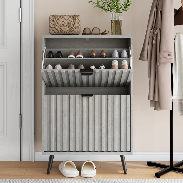 Ball & Cast Schuhschrank mit 2 Klappen Schubladen, Schuhkipper, Schuhregal, Schuhaufbewahrung für Eingänge, Flure & Wohnzimmer, Grau, 60×24×94 cm