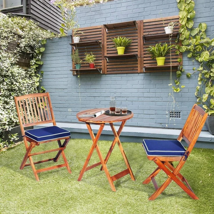 3tlg. Gartenmöbel Set Akazienholz klappbar mit Kissen Blau – Bild 8